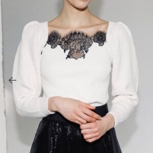 Self Portrait Ivory Lace Puff Sleeve Sweater open back size M cotton wool